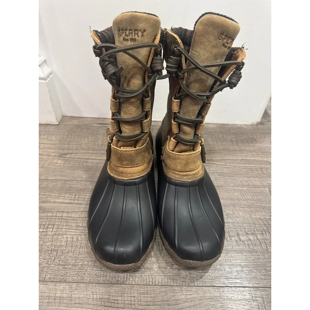 Sperry Saltwater Waterproof Duck Boots Brown Black Plaid STS95911 Womens 6.5M